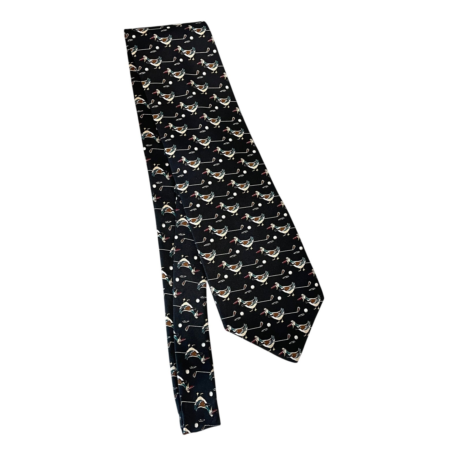 Pebble Beach Necktie Golf Silk Black Print Ducks